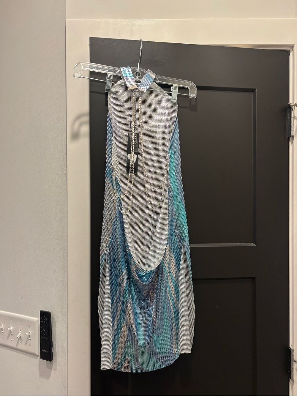 Fashion Nova Top Tier Only Chainmail Mini Dress Halter Metallic Aqua Iridescent - Picture 11 of 15